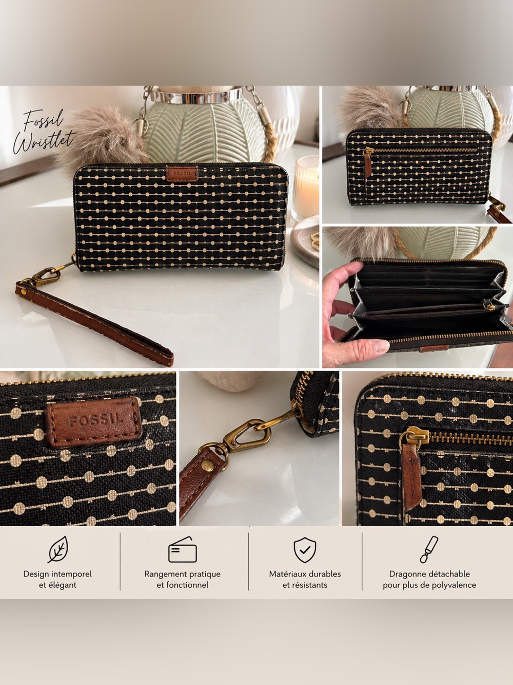 Fossil Black and Cream Patterned Zip Wristlet Wallet